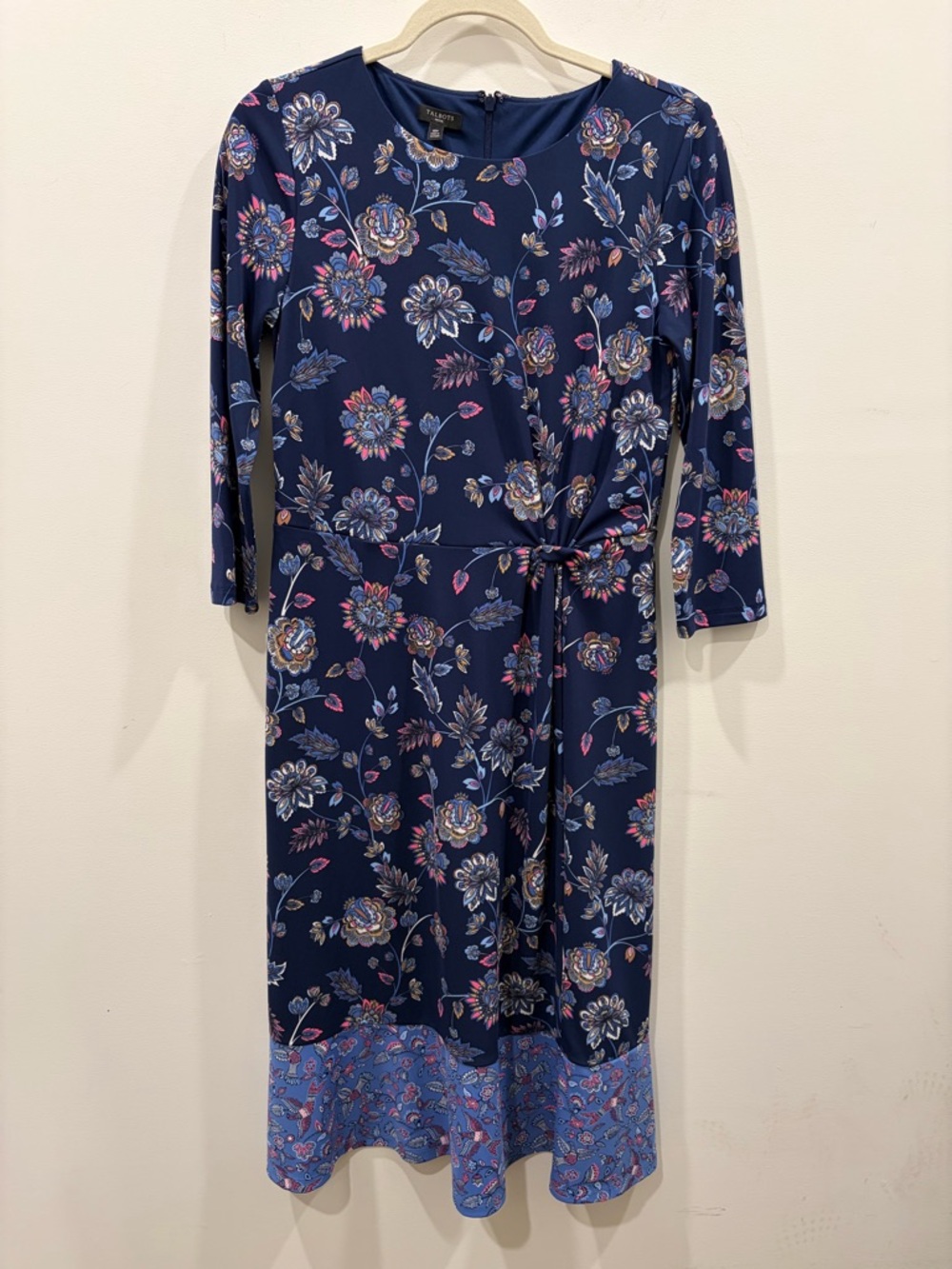 Talbots Navy Floral Midi Dress Side Tie and Contrast Hem 10P special occasion